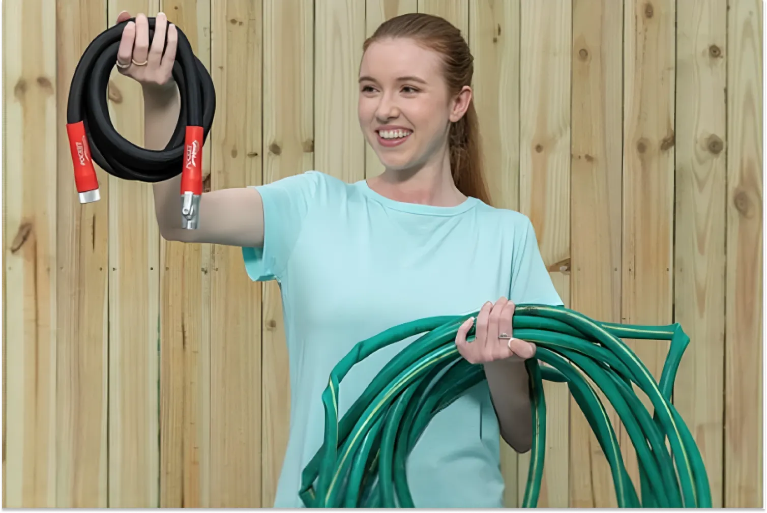 Woman selecting the right garden hose diameter for her yard