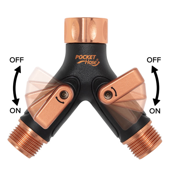 Copper Bullet 2-Way Hose Splitter with detail of on/off valves