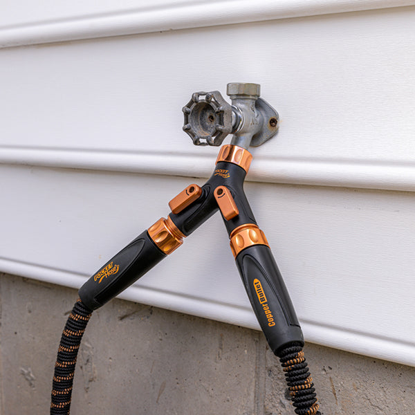 Copper Bullet 2-Way Hose Splitter installe don spigot angled side view