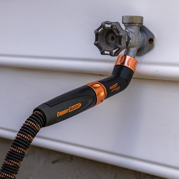 Copper Bullet Elbow Connector installed on spigot in angled side view