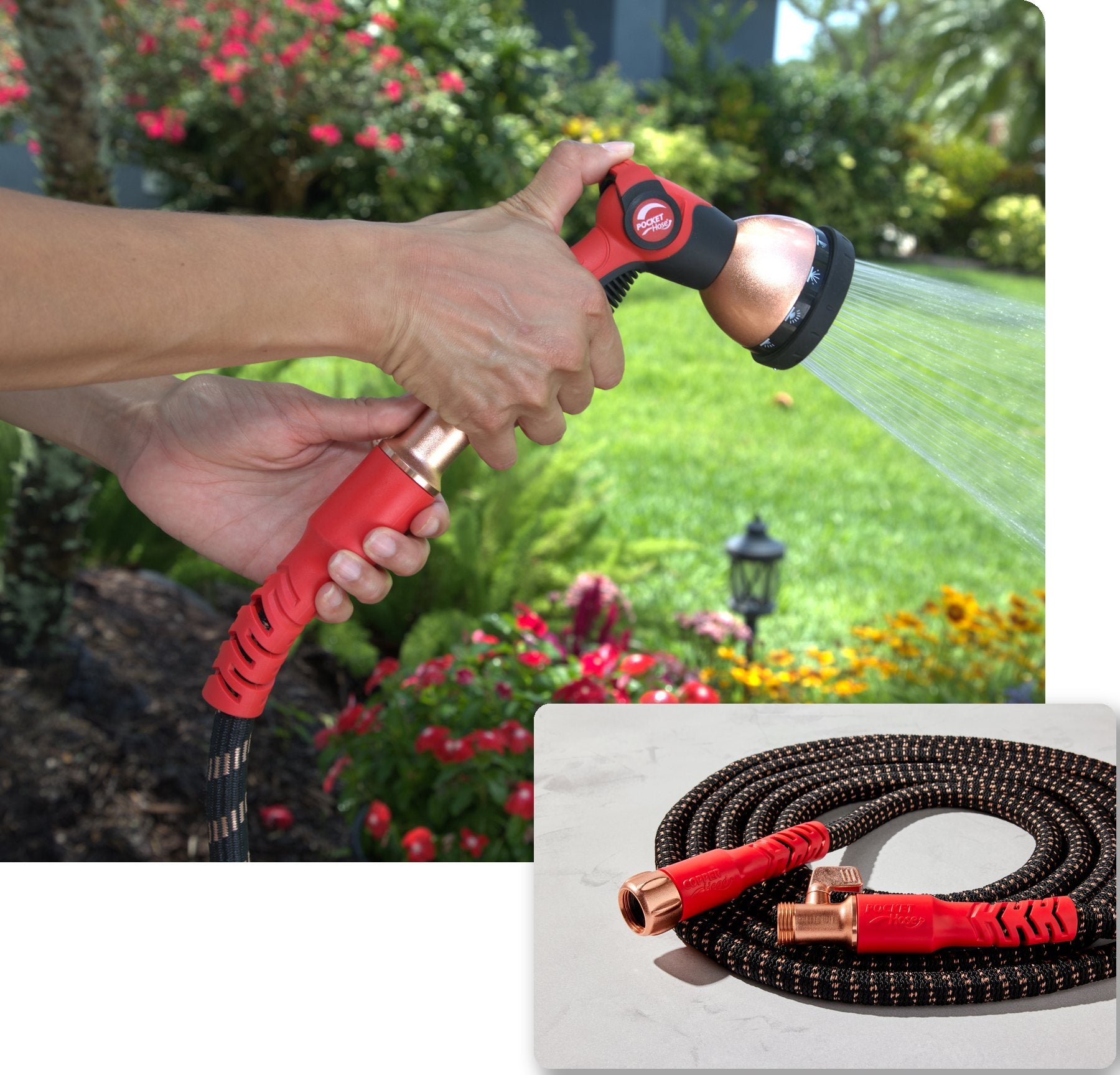 Pocket Hose Copper Head watering a garden